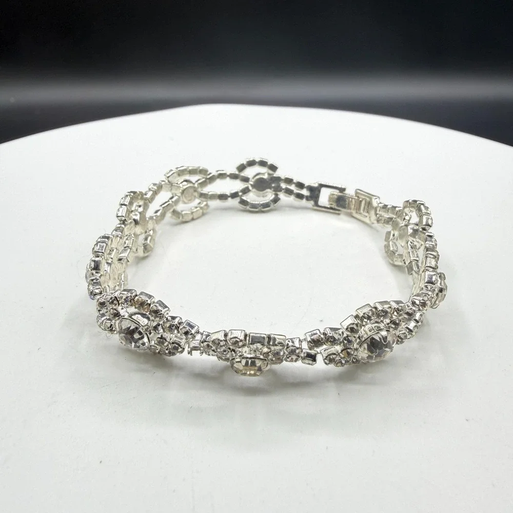 Clear Rhinestone Silver Tone Floral Link Bracelet Bridal Statement Jewelry Gift